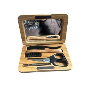 Men's Vintage Mustache Grooming Kit Stainless Steel Mirror Wooded Case